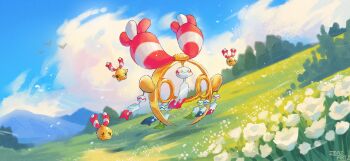 bell bird blue_sky chimecho chingling closed_mouth cloud colored_sclera evolutionary_line field flower full_body gen_3_pokemon gen_4_pokemon grass highres imazartz mega_chimecho mega_pokemon nintendo no_humans outdoors pokemon pokemon_(creature) pokemon_focus sky smile wind_chime yellow_eyes yellow_sclera