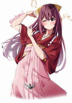 1girl anchor_ornament bow feet_out_of_frame flexing hair_bow hakama highres japanese_clothes kamikaze_(kancolle) kantai_collection kimono long_hair looking_at_viewer meiji_schoolgirl_uniform one_eye_closed pink_hakama purple_eyes purple_hair red_kimono simple_background smug solo tasuki teishokuya_unihama white_background yellow_bow