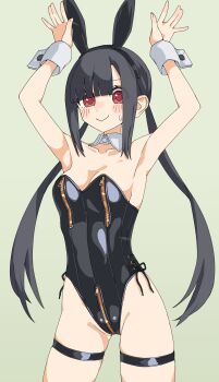 1girl absurdres animal_ears armpits bare_shoulders black_hair black_hairband blush_stickers closed_mouth collarbone commentary_request crotch_zipper fake_animal_ears green_background groin hairband highres kopaka_(karda_nui) leotard long_hair looking_at_viewer low_twintails original playboy_bunny rabbit_ears red_eyes simple_background skindentation small_sweatdrop solo strapless strapless_leotard sweat thigh_strap twintails very_long_hair wavy_mouth wrist_cuffs