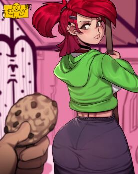 Rule 34 | 1boy, 1girl, artist name, ass, breasts, chocolate chip cookie, commentary, cookie, ear piercing, english commentary, food, foster's home for imaginary friends, frankie foster, green hoodie, highres, hood, hood down, hoodie, multiple piercings, pantylines, piercing, red hair, zamoshvik