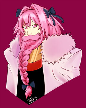 Rule 34 | 1boy, aged up, astolfo (fate), astolfo (rider) (fate), beard, bow, braid, braided beard, cape, commentary, cropped torso, facial hair, fate/apocrypha, fate (series), full beard, fur-trimmed cape, fur trim, hair bow, hair intakes, joao m. diegues, male focus, mustache, pink eyes, pink facial hair, pink hair, portuguese commentary, purple background, signature, solo, upper body