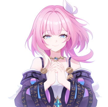 Rule 34 | 1girl, absurdres, bare shoulders, blue eyes, coat, commentary request, cyrene (honkai: star rail), cyrene (philia093) (honkai: star rail), dress, highres, honkai: star rail, honkai (series), jewelry, large hands, looking at viewer, miaotai miota, multicolored hair, necklace, pink hair, purple coat, short hair, simple background, smile, solo, two-tone hair, upper body, white background, white dress, white hair