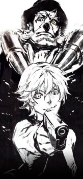 00s 2boys beard daisuke_aurora facial_hair glowing glowing_eye gun hat heat_guy_j highres j_(heat_guy_j) miwa_shirow multiple_boys spot_color weapon yellow_eyes