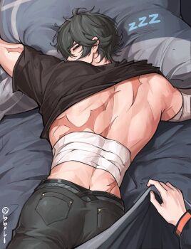 Rule 34 | 2boys, arm out of sleeve, arm tattoo, baibian6665, bandaged torso, black pants, black shirt, closed eyes, clothes pull, commentary, highres, lighter (zenless zone zero), male focus, multiple boys, pants, scar, scar on back, shirt, shirt pull, sleeping, solo focus, untranslatable commentary, tattoo, twitter username, wise (zenless zone zero), zenless zone zero, zzz