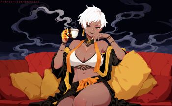 1girl archapxl arm_tattoo bare_shoulders belt black_eyes black_trim bra breasts chest_tattoo commentary couch dark-skinned_female dark_skin english_commentary fire glowing glowing_hand helena_(archapxl) highres large_breasts linea_alba melting midriff navel off_shoulder orange_belt original patreon_username pillow pixel_art revealing_clothes seductive_smile shiny_skin sideboob sitting slit_pupils smile smug solo steaming_cup tattoo underwear watermark web_address white_bra white_hair white_nails yellow_trim