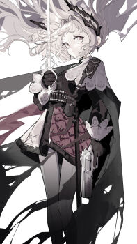 1girl absurdres arknights asymmetrical_dual_wielding bandolier belt black_cape black_gloves black_jacket cape capelet closed_mouth commentary cross_scar dual_wielding earrings feet_out_of_frame floating_hair front-seamed_legwear gloves grey_eyes grey_hair gun handgun head_wings highres holding holding_gun holding_sword holding_weapon iberia_logo inainainaiina irene_(arknights) jacket jewelry long_sleeves pantyhose pink_ribbon pink_skirt ribbon scar scar_across_eye scar_on_face seamed_legwear skirt sleeve_cuffs solo strap sword sword_in_front_of_face thigh_gap trigger_discipline upturned_eyes weapon white_background white_capelet white_pantyhose white_skirt wings