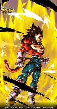 Rule 34 | 1boy, black hair, body fur, copyright name, denim, dragon ball, dragon ball gt, dragon ball legends, gloves, green eyes, highres, jeans, long hair, looking at viewer, male focus, monkey boy, monkey tail, muscular, muscular male, no nipples, official art, pants, pectorals, red fur, saiyan, solo, spiked hair, super saiyan, super saiyan 4, tail, vegeta