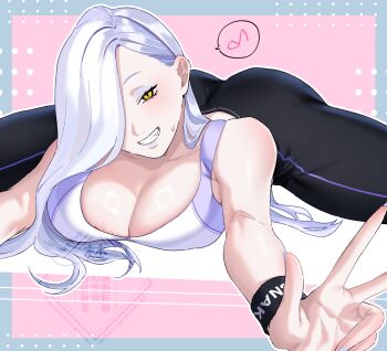 1girl absurdres ass bare_shoulders black_pants blue_lips blush breasts cleavage collarbone exercising eyeliner fate/grand_order fate_(series) grin hair_over_one_eye highres hiyayaako large_breasts long_hair looking_at_viewer lying makeup mrs._snake_(fate) on_stomach pants smile solo sports_bra stretching thighs tight_clothes tight_pants white_hair white_sports_bra wristband yellow_eyes yoga_pants