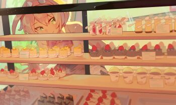 1girl absurdres bare_shoulders cake cake_slice commentary elphelt_valentine english_commentary food green_eyes guilty_gear guilty_gear_strive highres lauflight medium_hair pink_ribbon pudding ribbon shelf smile window_shopping