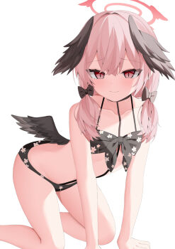 1girl all_fours bare_shoulders bikini black_bikini black_wings blue_archive blush bow breasts commentary_request feathered_wings hair_bow halo head_wings kamu_(geeenius) koharu_(blue_archive) koharu_(swimsuit)_(blue_archive) long_hair looking_at_viewer low_twintails pink_eyes pink_hair small_breasts solo swimsuit thighs twintails wings
