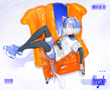 1girl animal_ear_fluff animal_ears barcode cat_ears cat_girl cat_tail commentary english_commentary english_text hair_ornament hairclip highres original short_hair shorts signal_1120 solo tail