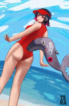 Rule 34 | 1girl, absurdres, ass, bare shoulders, black hair, blue sky, breasts, colored inner hair, ellen joe, fins, fish tail, highres, lifeguard, looking at viewer, multicolored hair, non-web source, one-piece swimsuit, pink hair, shark girl, shark tail, sky, swimsuit, tail, thighs, visor cap, whistle, zenless zone zero