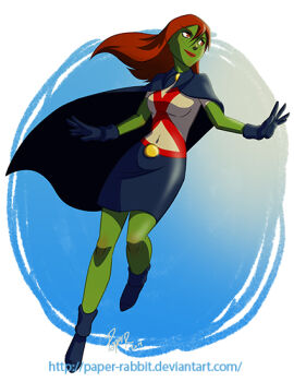 1girl alien cape colored_skin dc_comics gloves green_skin long_hair miss_martian paper-rabbit red_hair solo superhero_costume young_justice