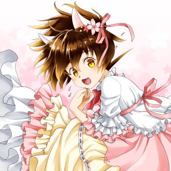 1boy animal_ears brown_hair cat_ears chigayasan commentary_request crossdressing crossdressing_(mtf) dress fang frilled_sleeves frills hair_between_eyes ikusabe_wataru kemonomimi_mode looking_at_viewer male_focus mashin_eiyuuden_wataru open_mouth pink_background pink_dress pink_ribbon ribbon short_hair slit_pupils solo trap yellow_eyes