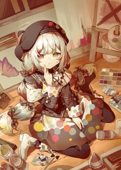 Rule 34 | 1girl, beret, black hat, black pantyhose, chinese commentary, commentary request, easel, hat, heterochromia, highres, index finger raised, jogasaki noah, long hair, looking at viewer, mahou shoujo no majo saiban, maidcode1023, mixed-language commentary, multicolored hair, paint palette, paint tube, paintbrush, pantyhose, pout, red eyes, sitting, solo, tearing up, wariza, white hair, yellow eyes