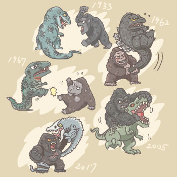 1933 1962 1967 2005 2017 ape chibi claws crossover dinosaur giant giant_monster godzilla godzilla_(series) gorilla gorosaurus highres jumping kaiju king_kong king_kong_(1933) king_kong_(2005) king_kong_(series) king_kong_escapes king_kong_vs._godzilla kong:_skull_island legendary_pictures meat-eater_(king_kong) monster monsterverse multiple_persona muscular muscular_other no_humans orange_eyes pectorals pikpik0109 prehensile_tail rankin/bass_animated_entertainment rko_radio_pictures scar scar_on_chest scar_on_stomach sharp_teeth skullcrawler slit_pupils spikes tail teeth toho tongue universal_studios vastatosaurus_rex warner_bros. wingnut_films yellow_eyes