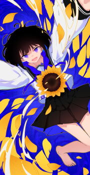 Rule 34 | 1girl, :d, barefoot, black hair, black skirt, blue background, bob cut, commentary request, flower, highres, hood, hood down, knees together feet apart, long sleeves, looking at viewer, multicolored hair, open mouth, original, osisio, petals, pleated skirt, puffy long sleeves, puffy sleeves, purple eyes, purple hair, short hair, simple background, skirt, smile, solo, sunflower, two-tone hair, yellow flower