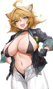 Rule 34 | 1girl, absurdres, ahoge, animal ear fluff, animal ears, bikini, bikini under clothes, black bikini, black gloves, black jacket, blonde hair, breasts, cat ears, choker, cleavage, collarbone, commentary, commission, dokibird (bounty hunter), dokibird, eyewear hang, fang, feather hair, gabang, gloves, green-tinted eyewear, green eyes, green shirt, hair flaps, hair intakes, hair ornament, hands on own hips, highres, indie virtual youtuber, jacket, large breasts, leather, leather jacket, looking at viewer, navel, open clothes, open fly, open jacket, open mouth, open shirt, pants, pinstripe pattern, pinstripe shirt, shirt, short hair, simple background, skin fang, sleeves rolled up, smile, solo, sparkle, stomach, sunglasses, swimsuit, three-quarter sleeves, tinted eyewear, unbuttoned, unworn eyewear, virtual youtuber, white background, white pants, x hair ornament