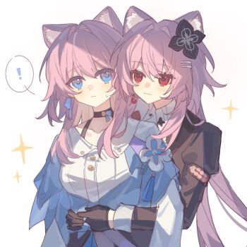 ! 2girls :3 absurdres animal_ear_fluff animal_ears black_gloves blue_eyes cat_ears cat_girl chinese_commentary choker commentary_request dress earrings evernight_(honkai:_star_rail) flower four-pointed_star gloves hair_between_eyes hair_flower hair_intakes hair_ornament hairclip highres honkai:_star_rail honkai_(series) hug hug_from_behind jacket jewelry light_blush long_hair long_sleeves low_twintails march_7th_(honkai:_star_rail) medium_hair multiple_girls parallel_hairclips pink_hair red_eyes reido_0723 shirt sidelocks single_earring smile spoken_exclamation_mark twintails white_background