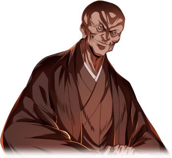 1boy artist_request backlighting bald brown_kimono closed_mouth code_geass code_geass:_lost_stories cropped_torso furrowed_brow game_cg haori happy japanese_clothes kimono kirihara_taizou long_sleeves looking_afar male_focus non-web_source official_art old old_man orange_eyes simple_background smile solo transparent_background underlighting upper_body v-shaped_eyebrows wrinkled_skin