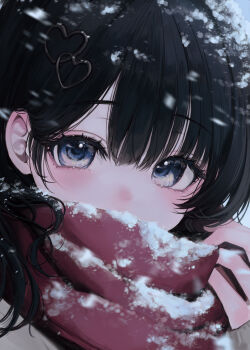 1girl absurdres bbeedol black_hair blue_eyes commentary english_commentary hair_ornament heart heart_hair_ornament highres looking_at_viewer portrait red_scarf scarf scarf_over_mouth shirayuki_hina snow snow_on_clothes stellive virtual_youtuber