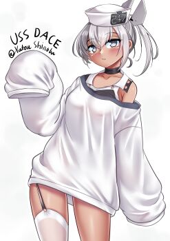 1girl absurdres black_choker black_one-piece_swimsuit choker commentary cowboy_shot dace_(kancolle) dixie_cup_hat english_commentary english_text garter_straps grey_eyes grey_hair hat headgear highres kantai_collection katou_shinobu looking_at_viewer military_hat one-piece_swimsuit shirt simple_background single_garter_strap single_thighhigh sleeves_past_fingers sleeves_past_wrists solo swimsuit swimsuit_under_clothes thighhighs twitter_username white_background white_hat white_shirt