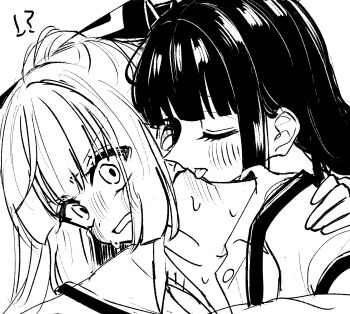 Rule 34 | !?, 2girls, blush, bow, closed eyes, collared shirt, commentary, fujiwara no mokou, greyscale, hair bow, highres, houraisan kaguya, licking, licking another's neck, monochrome, multiple girls, open mouth, shirt, suspenders, sweat, tamiko (tamik0224), tongue, tongue out, touhou, yuri