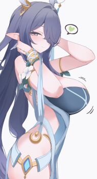 1girl blue_dress blue_eyes blue_hair bracelet breasts closed_mouth commentary dress from_side genshin_impact hair_over_one_eye hands_up heart highres hone_kawa horns jewelry large_breasts lauma_(genshin_impact) long_hair looking_at_viewer multicolored_eyes pink_eyes pointy_ears simple_background solo speech_bubble spoken_heart twintails two-tone_eyes very_long_hair white_background