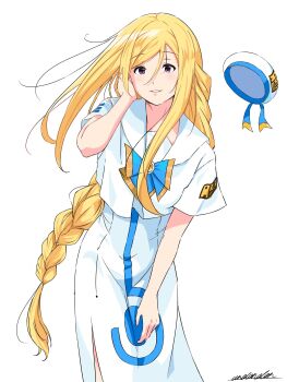 1girl alicia_florence andanden aria_(manga) aria_company_uniform beret blonde_hair blue_bow blue_bowtie blush bow bowtie braid braided_ponytail dress eyelashes feet_out_of_frame gold_trim hair_between_eyes hat highres impossible_clothes impossible_dress leaning_forward long_hair looking_at_viewer parted_bangs purple_eyes sailor_collar shirt short_sleeves side_slit signature simple_background solo unworn_headwear very_long_hair white_background white_dress white_hat white_shirt