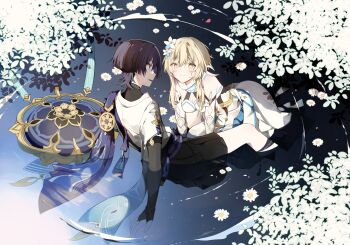 1boy 1girl absurdres all_fours animal_print arm_cutout arm_support armor arms_behind_back bare_shoulders belt bird_print black_belt black_bodysuit black_bridal_gauntlets black_corset black_hair black_shorts blonde_hair blue_feathers blue_flower blue_hat blue_sleeves blue_trim blunt_ends blush bodysuit breasts bridal_gauntlets cape cleavage closed_mouth clothing_cutout corset daisy_(flower) detached_sleeves dress eyeliner eyeshadow feather_hair_ornament feathers flower flower_on_liquid furisode genshin_impact gold gold_ring hair_flower hair_ornament halterneck hat hetero highres japanese_armor japanese_clothes jingasa kimono kote kurokote kusa_013yyds large_breasts layered_sleeves looking_at_another lumine_(genshin_impact) makeup mandala middle_ring multicolored_feathers multicolored_flower open_hand open_mouth outdoors purple_cape purple_eyes purple_rope purple_sash red_eyeliner red_eyeshadow ripples rope sash scaramouche_(genshin_impact) scarf short_hair short_hair_with_long_locks short_sleeves shorts shoulder_blades sidelocks sitting_on_liquid smile tareme tassel turtleneck turtleneck_bodysuit unworn_hat unworn_headwear vambraces wading wanderer_(genshin_impact) wet white_dress white_feathers white_flower white_kimono white_scarf white_sleeves yellow_eyes