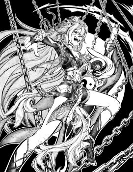 1girl :d absurdres asymmetrical_gloves black_gloves boots chain chinese_clothes eudaemonm fingerless_gloves gloves hair_ornament herrscher_of_sentience high_heel_boots high_heels highres holding holding_sword holding_weapon honkai_(series) honkai_impact_3rd long_hair mismatched_gloves monochrome open_mouth outline smile solo sword thumbs_down traditional_media v-shaped_eyebrows weapon white_gloves white_outline yin_yang