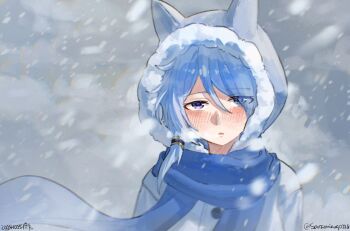Rule 34 | 1girl, animal ears, blue coat, blue eyes, blue hair, blue scarf, blush, breath, coat, commentary request, ear covers, hair between eyes, highres, hood, hood up, hooded coat, horse ears, horse girl, k.s.miracle (umamusume), long sleeves, looking at viewer, parted lips, saramiao-chan, scarf, short hair, snowing, solo, umamusume