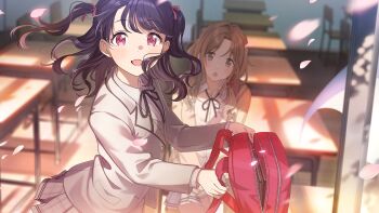 Rule 34 | 2girls, backpack, bag, black hair, blazer, brown eyes, brown hair, chair, collared shirt, desk, fang, forehead, fukumaru koito, game cg, ichikawa hinana, idolmaster, idolmaster shiny colors, idolmaster shiny colors song for prism, jacket, low twintails, multiple girls, neck ribbon, official art, open mouth, open window, petals, red eyes, ribbon, school chair, school desk, school uniform, shirt, skin fang, skirt, twintails, white shirt, window, zipper