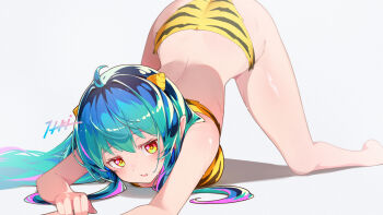 1girl absurdres ahoge animal_print aqua_hair artist_name ass bare_arms bare_legs bare_shoulders barefoot bikini blue_hair blush breasts commentary cone_horns feet fur_bikini highres horns itou_kazuki long_hair looking_at_viewer lum medium_breasts multicolored_hair oni parted_lips pointy_ears print_bikini purple_hair shadow signature simple_background solo swimsuit tiger_print top-down_bottom-up urusei_yatsura white_background yellow_bikini yellow_eyes yellow_horns