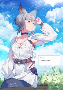1girl absurdres animal_ears armpit_cutout black_choker black_pants blue_sky choker clothing_cutout cloud cloudy_sky collarbone commission final_fantasy final_fantasy_xiv grey_hair hand_up hashtag-only_commentary highres hip_vent long_sleeves looking_to_the_side miqo'te mochiko_tsuru pants revealing_clothes shirt short_hair sky solo sunlight watermark white_shirt yellow_eyes