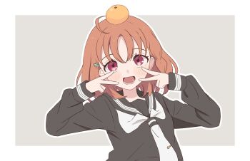 1girl :d ahoge black_sailor_collar black_shirt blush border braid clover_hair_ornament double_v food food_on_head fruit grey_background hair_ornament highres long_sleeves looking_at_viewer love_live! love_live!_sunshine!! lower_teeth_only mandarin_orange medium_hair neckerchief o_to_mo object_on_head open_mouth orange_hair outline outside_border red_eyes sailor_collar school_uniform shirt side_braid simple_background smile solo takami_chika teeth tie_clip uranohoshi_school_uniform v white_border white_neckerchief white_outline