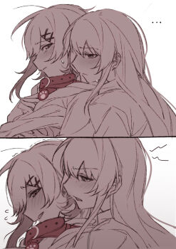 blush closed_mouth clothes_lift collar flying_sweatdrops grabbing_another&#039;s_breast grabbing_from_behind groping heihuamu1 highres long_hair mahou_shoujo_no_majo_saiban monochrome nikaido_hiro sakuraba_ema shirt_lift tongue upper_body yuri