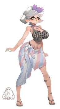 1girl alternate_costume bra breasts choker flip-flops full_body hair_ornament jewelry large_breasts lipstick little_blood makeup marie_(splatoon) markings necklace nintendo panties sandals skirt solo splatoon_(series) splatoon_1 swimsuit tentacle_hair underwear