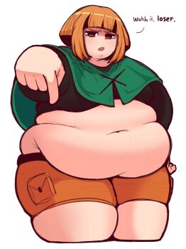 1girl alternate_body_size belt big_belly black_hair blunt_bangs capelet cowboy_shot crop_top cropped_shirt double_chin fat fat_rolls gardenia_(pokemon) green_capelet hand_on_own_hip highres jitome long_sleeves looking_at_viewer midnitemorty midriff muffin_top multicolored_hair navel nintendo obese open_mouth orange_eyes orange_hair orange_shorts pointing pointing_down pokemon raised_inner_eyebrows shaded_face shirt short_hair shorts simple_background sketch solo teeth thick_arms thick_thighs thighs tight_clothes two-tone_hair undersized_clothes upper_teeth_only weight_gain white_background