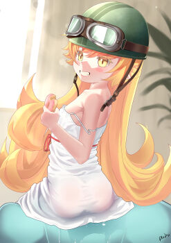 1girl absurdres andro_gs artist_name ass bare_shoulders blonde_hair collarbone_peek cowboy_shot day donut dress female_focus food from_behind grin hand_up helmet highres holding holding_food ice indoors large_variant_set loli long_hair looking_at_viewer looking_back matching_hair/eyes monogatari_(series) oshino_shinobu sitting smile solo strap_slip teeth twisted_torso vampire variant_set white_dress yellow_eyes