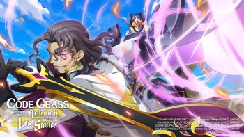 1boy aura bangs_pinned_back bismarck_waldstein black_gloves blue_sky cape cloud code_geass code_geass:_lost_stories commentary commentary_request day embers english_commentary f4samurai facial_hair fighting_stance forehead galahad_(code_geass) game_cg geass gem gloves glowing glowing_eyes goatee grey_eyes grey_hair happy heterochromia holding holding_sword holding_weapon jacket knights_of_the_round_uniform leaning_forward long_sleeves male_focus mecha military_uniform official_art open_mouth outdoors pink_eyes purple_gemstone red_gemstone robot short_hair sky smile solo standing sword teeth two-handed two-sided_cape two-sided_fabric weapon white_cape white_jacket