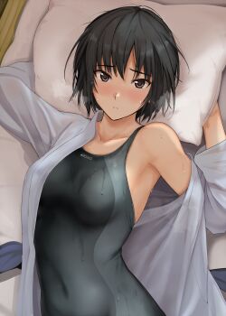 1girl amagami bare_shoulders black_eyes black_hair black_one-piece_swimsuit blush bob_cut breasts breath brown_eyes closed_mouth collarbone commentary_request competition_swimsuit covered_navel dress_shirt hair_between_eyes highres holding holding_pillow large_breasts long_sleeves looking_at_viewer medium_breasts mobu nanasaki_ai nose_blush off_shoulder one-piece_swimsuit open_clothes open_shirt parted_lips pillow shirt short_hair simple_background solo standing steam swimsuit swimsuit_under_clothes upper_body water_drop wet wet_clothes wet_hair wet_swimsuit white_background white_shirt