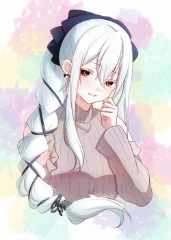 1girl absurdres alternate_costume alternate_hairstyle black_bow black_ribbon blush bow braid braided_ponytail clothing_cutout cropped_torso earrings echidna_(re:zero) hair_between_eyes hair_bow hair_ribbon highres jewelry long_hair long_sleeves looking_at_viewer parted_lips ponytail rain_re_a re:zero_kara_hajimeru_isekai_seikatsu red_eyes ribbed_sweater ribbon shoulder_cutout sidelocks single_braid smile solo sweater turtleneck turtleneck_sweater upper_body white_hair