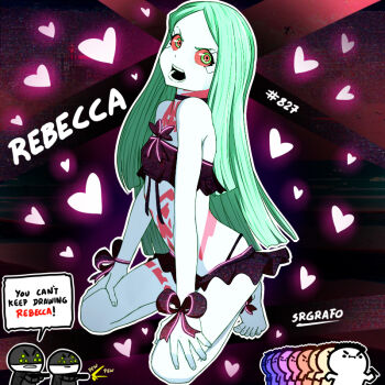 1girl 3boys angry aqua_hair artist_name artist_self-insert bare_shoulders barefoot bikini black_bikini black_bow black_choker bow breasts character_name choker colored_sclera cyberpunk:_edgerunners cyberpunk_(series) english_text feet fingernails frilled_bikini frills full-body_tattoo green_eyes hands_on_own_knees heart kneeling long_hair looking_at_viewer looking_to_the_side multicolored_background multicolored_eyes multiple_boys open_mouth rebecca_(cyberpunk) red_eyes red_sclera small_breasts speech_bubble srgrafo straight_hair strapless strapless_bikini swimsuit tattoo teeth toenails two-tone_eyes very_long_hair wrist_bow
