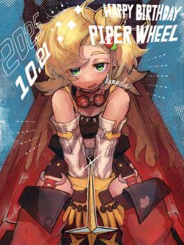 1girl artist_name bags_under_eyes bare_shoulders birthday blonde_hair blush breasts car character_name commentary dated detached_pants gloves goggles goggles_around_neck green_eyes hanada_(cobalt003) happy_birthday highres looking_at_viewer medium_hair midriff_peek motor_vehicle navel on_car piper_wheel sitting small_breasts solo spiked_shirt yellow_gloves zenless_zone_zero