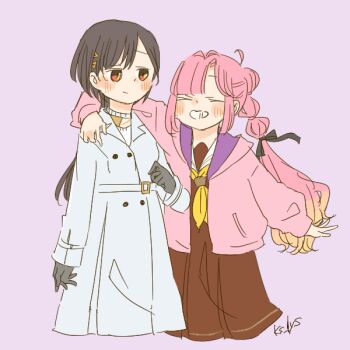 2girls :d anyoji_hime arm_around_neck black_gloves blonde_hair blush brown_dress closed_eyes coat colored_tips dress gloves gradient_hair grin hair_ornament hasu_no_sora_school_uniform hood hood_down hooded_jacket jacket jellyfish_cut kase_(ks_lys) katsuragi_izumi katsuragi_izumi_(winter_casual) link!_like!_love_live! long_sleeves looking_at_another love_live! medium_dress multicolored_hair multiple_girls neckerchief open_clothes open_jacket open_mouth orange_eyes pink_hair pink_jacket pleated_dress purple_background raised_inner_eyebrows sailor_collar sailor_dress school_uniform shirt side-by-side slit_pupils smile triangle_hair_ornament virtual_youtuber white_coat white_sailor_collar white_shirt winter_uniform yellow_neckerchief