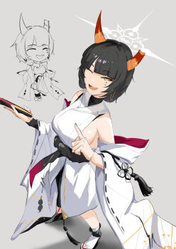 1girl absurdres blue_archive fan grey_background halo highres horns japanese_clothes kimono niya_(blue_archive) plentyofempty school_uniform sleeveless sleeveless_kimono solo