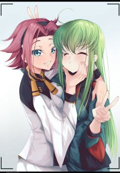 2girls :t aqua_eyes asticassia_school_uniform black_hairband blush budgiepon c.c. closed_eyes closed_mouth code_geass commentary_request company_connection cosplay cowboy_shot double_v eyelashes facing_viewer green_hair grin gundam gundam_suisei_no_majo hair_between_eyes hairband hand_up highres kouzuki_kallen long_hair long_sleeves looking_at_viewer medium_hair miorine_rembran miorine_rembran_(cosplay) multiple_girls necktie nose parted_bangs purple_hair school_uniform short_necktie sidelocks simple_background smile standing straight_hair suletta_mercury suletta_mercury_(cosplay) sunrise_(company) v v-shaped_eyebrows v_over_head very_long_hair viewfinder white_background wide_sleeves yellow_necktie