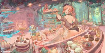 1girl :d aqua_eyes aqua_hair arm_support ass bakery bar_stool bell black_ribbon cake cart chocolate christmas christmas_tree christmas_wreath cutesexyrobutts dessert fireplace food hair_ribbon highres holding holding_tray indie_virtual_youtuber long_hair multicolored_hair open_mouth pastry peachy_(vtuber) pointy_ears red_hair ribbon shop sitting smile stool tray two-tone_hair virtual_youtuber wreath