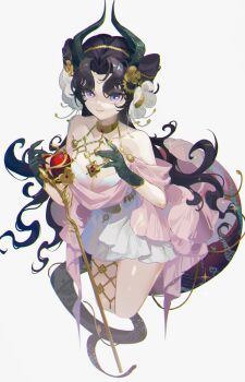 1girl absurdres anjo_nala anjo_nala_(forbidden_fruit) apple black_hair black_horns breasts cleavage closed_mouth cowboy_shot demon_girl demon_horns double_bun dress flower food fruit gloves green_gloves hair_bun hair_flower hair_ornament hands_up highres horns large_breasts lizard_tail long_hair looking_at_viewer official_alternate_costume pink_tail pole purple_eyes reverse:1999 short_dress smile solo tail white_background white_dress white_flower woodylixx